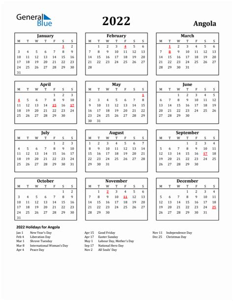 2022 Angola Calendar With Holidays