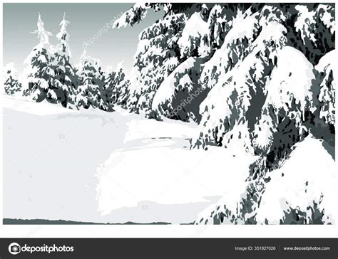Painted Winter Landscape Snowy Conifers Mountain Snowy Illustration