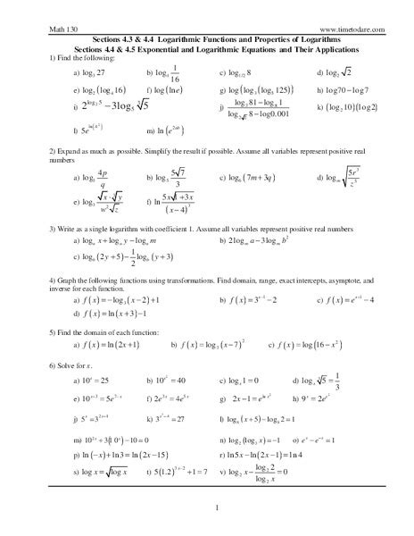 Exponential And Logarithmic Functions Worksheet For 9th 12th Grade