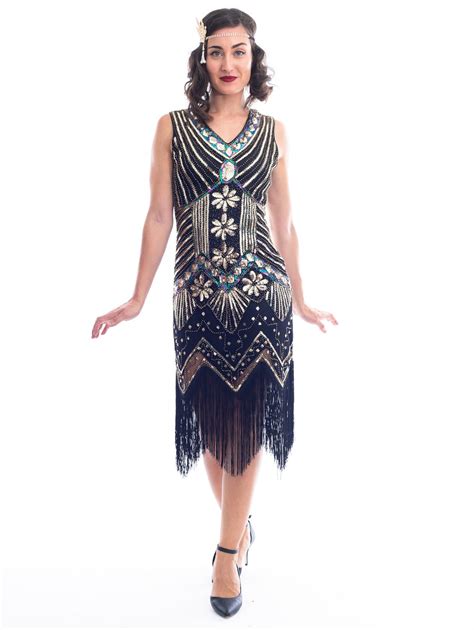 1920s Black And Gold Beaded Ella Flapper Dress
