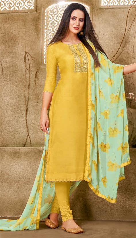 Party Wear Yellow Color Cotton Fabric Salwar Kameez 1698701