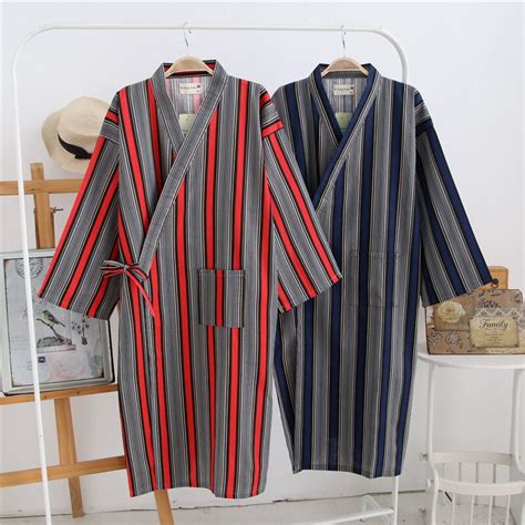 Striped Japanese Couples Bathrobes Cotton Kimono Robe Long Sleeve