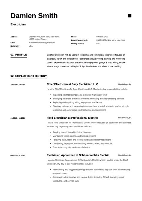 Editable professional layouts & formats with example cv content. 12X Free Electrician Resume Template