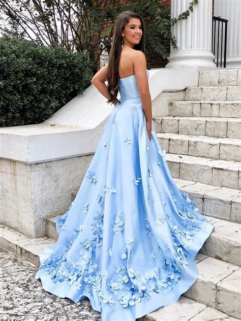 Sweetheart Sky Blue Long Satin Cheap Prom Dresses With 3d Floral