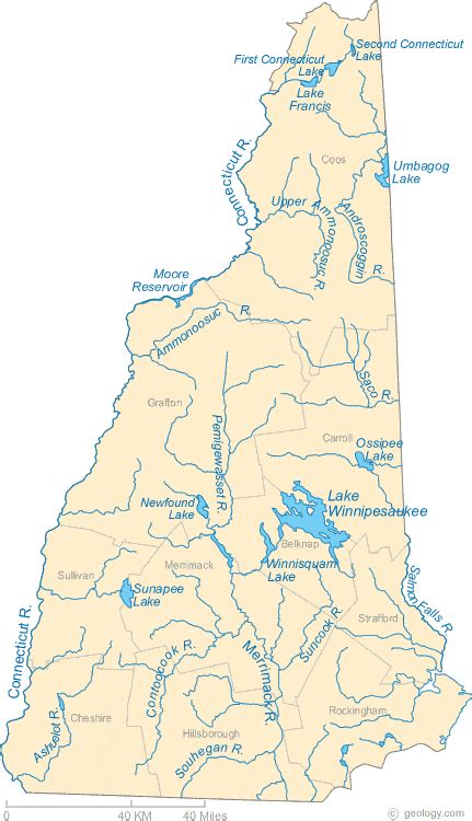 Map Of New Hampshire Lakes Streams And Rivers