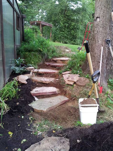 Carving Rustic Stone Steps Out Of Hillside With Flagstone Rustic