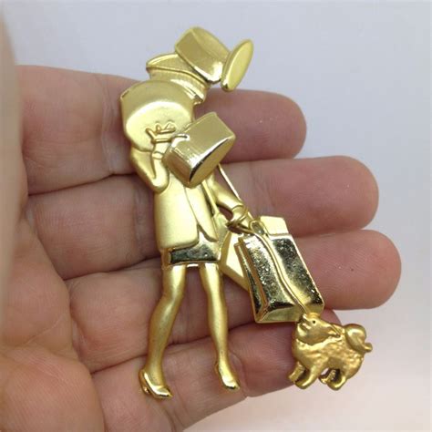Vintage Signed Ajc Woman Shopping W Dog Brooch Pin Gold Tone Costume