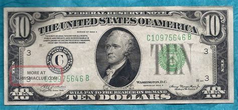 Uncirculated C1934 Large Green Seal Ten Dollar Us Bill 80 Years Old