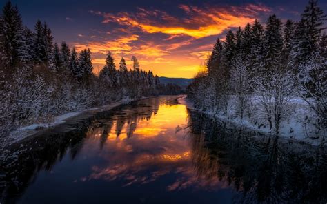 Download 1440x900 Wallpaper River Trees Winter Sunset