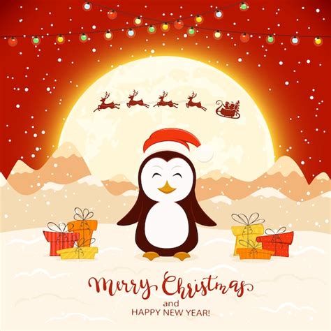 Ð Pinguim Appy Com Presentes E Papai Noel Voando No Fundo Vermelho Do