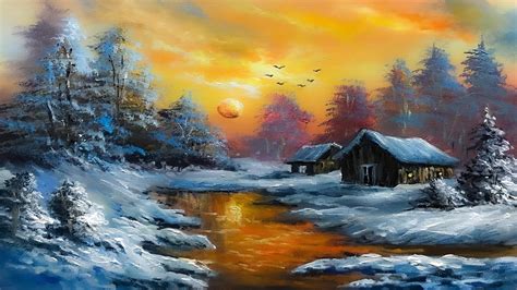 Snowy Winter Sunset Painting Acrylic Landscape Paintings Tutorial