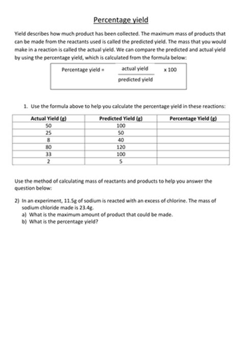 Percentage Yield Calculations Teaching Resources
