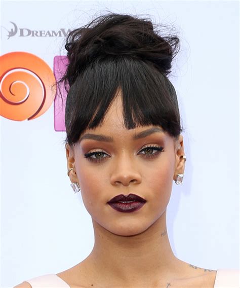 Rihanna Long Straight Casual Updo Hairstyle With Blunt Cut Bangs Dark