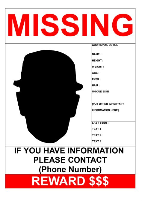 Missing Person Template With Reward A3 Size Templates At