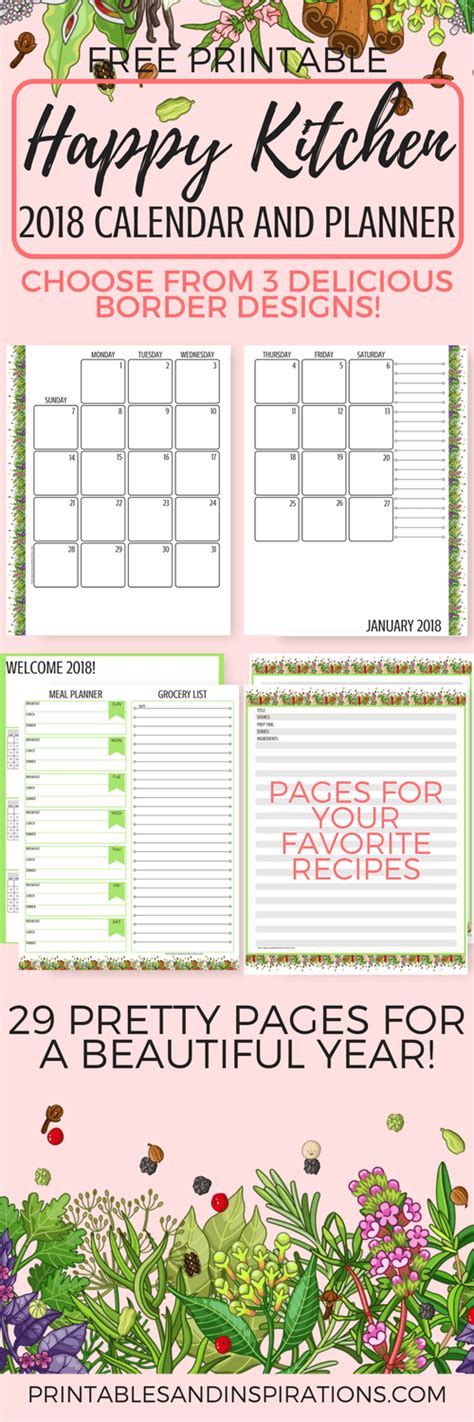 The Printable Happy Kitchen Calendar And Planner Is Shown In Pink With