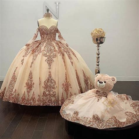 Rose Gold Sparkly Ball Gown Quinceanera Dresses Long Sleeves Off The