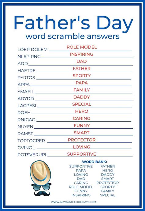 Fathers Day Printable Free Word Scramble Puzzle For Kids And Adults