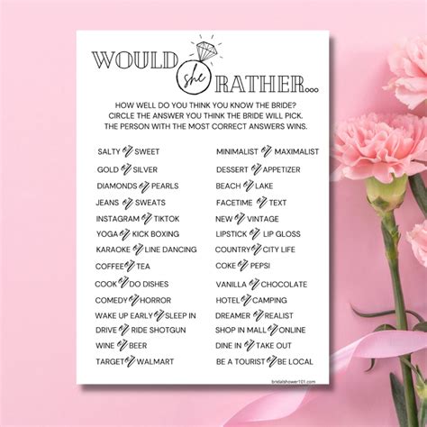 Would She Rather Bridal Game Printable Bridal Shower Games Images And