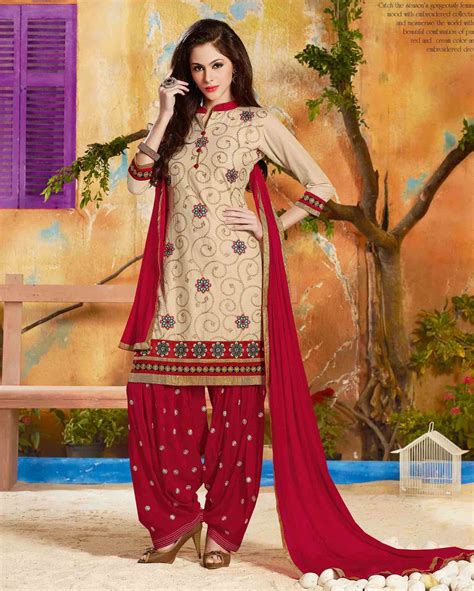 Cream Lovely Embroidered Cotton Salwar Suits For Womensemi Stitched Suits For Women Indian