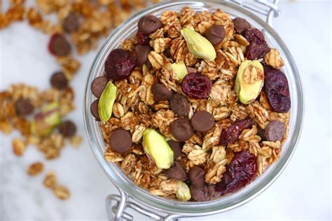 Dip a piece of bread into the egg white mixture, then coat it with granola. Low-Sugar Dark Chocolate Cranberry + Pistachio Granola ...