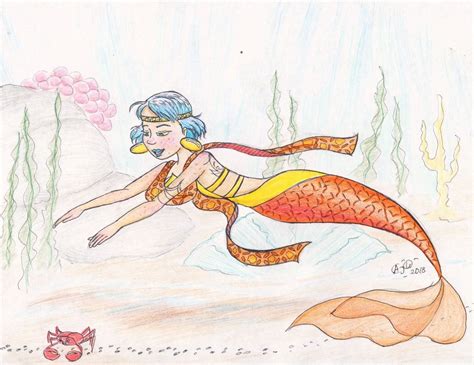 A Drawing Of A Mermaid With Blue Hair And Yellow Underpants Swimming In