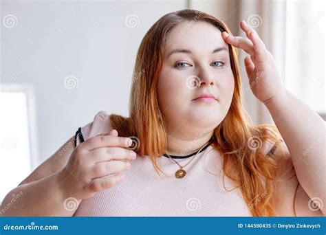 Nice Chubby Red Haired Woman Touching Her Face Stock Image Image Of Face Look