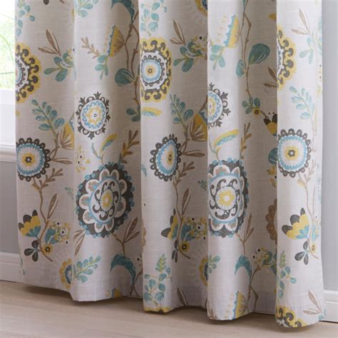 Teal Eyelet Curtains Blue Floral Geometric Ready Made Ring Top Curtain