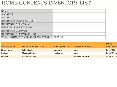 Home Inventory Spreadsheet Home Inventory Template