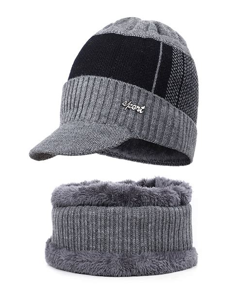 Men Winter Warm Hat Knit Visor Beanie Fleece Lined Beanie With Brim Cap