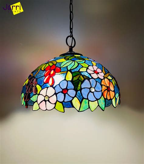 Flowers Tiffany Hanging Lamp Leadglass Stained Glass Shade Crystal