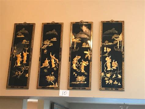 Lot 10 Stunning Four Panel 4 Seasons Asian Black Lacquer Wall Art