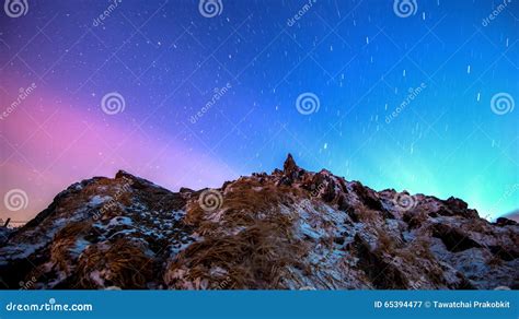 Star Trails Over The Winter Mountain Landscape Stock Image Image Of