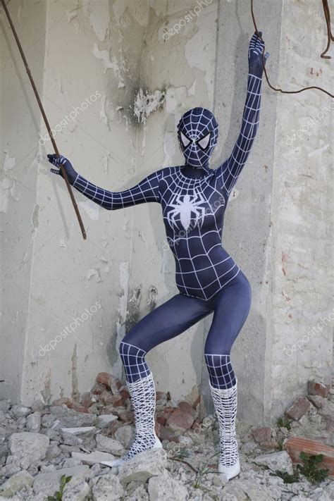 Spidergirl Cosplay Model In Lycra Bodysuit Stock Photo By