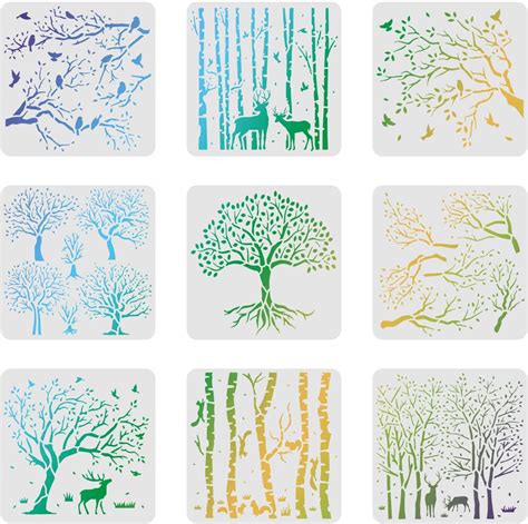 Fingerinspire 9pcs Life Of Tree Stencils 118x118inch Aspen Treeslife