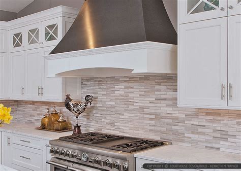 White Modern Kitchen With Marble Subway Tile Kitchen