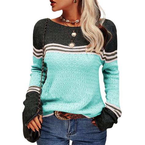 Mafulus Women Autumn Winter Colorblock Pullover Sweaters Round Neck