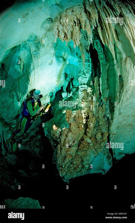 Scuba Diver In Underwater Cave Cueva Taina Punta Cana Freshwater