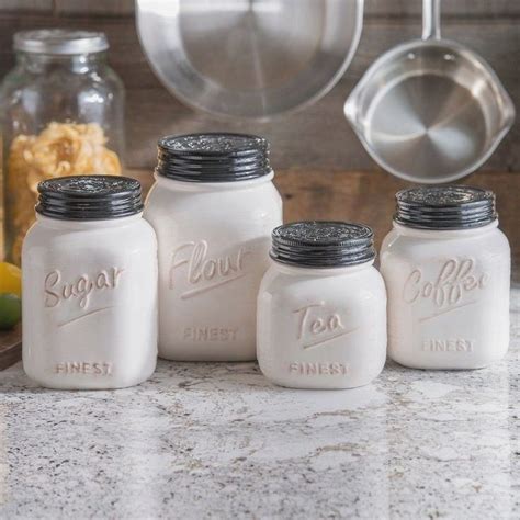 Mason Jar Canister Set 4 Pc Ceramic Kitchen Storage Flour Sugar Coffee