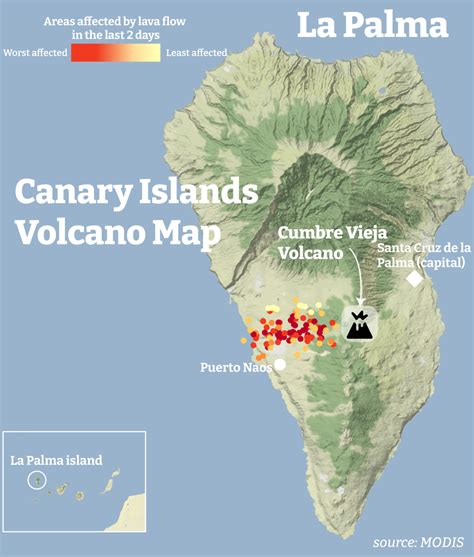La Palma Volcano Eruption Map Where The Lava Flow Has Affected And