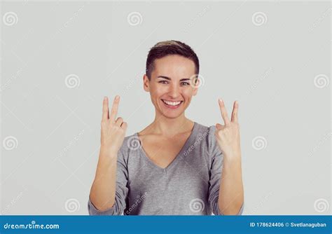 Portrait Lovely Happy Woman Showing Victory Or Peace Sign Gesture