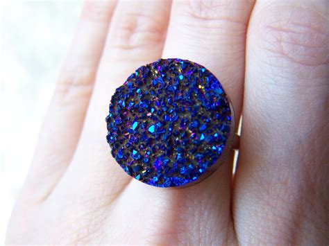 Sparkly Indigo Titanium Druzy Drusy Agate Ring Blue Druzy