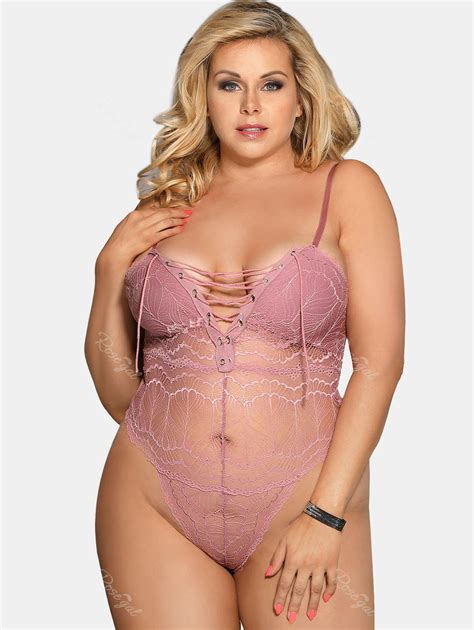 Sheer Lace Up Plus Size Lingerie Teddy Off Rosegal