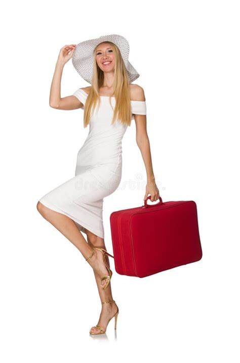 Mulher Com A Mala De Viagem Vermelha Isolada No Branco Foto De Stock