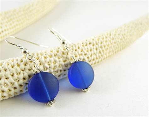 Sea Glass Earrings Cobalt Blue Seaglass Jewelry Frosted Glass Etsy