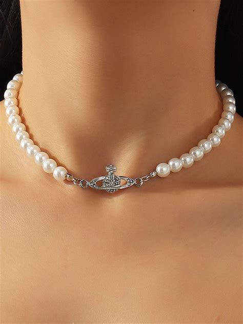 Planet Detail Faux Pearl Necklace Silver ONE SIZE In Necklaces