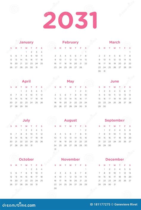 2031 Calendar With The Weeks Start On Sunday Vector Illustration