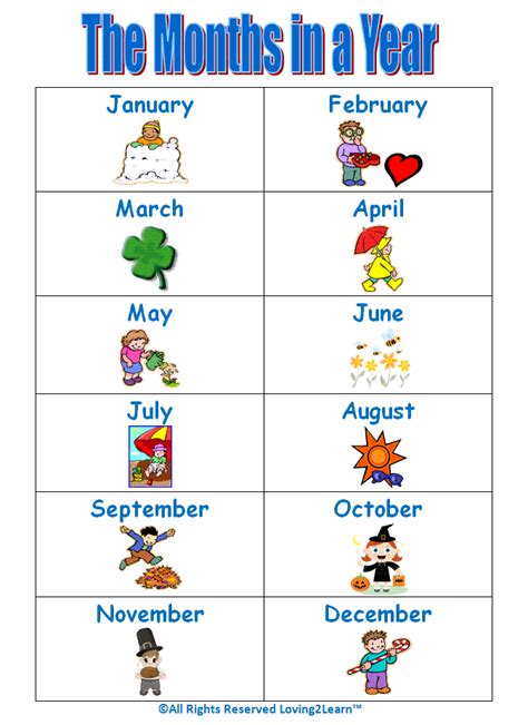 Months Of The Year Chart Printable
