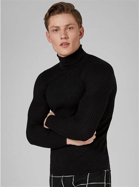 topman black muscle ribbed roll neck sweater in black for men lyst