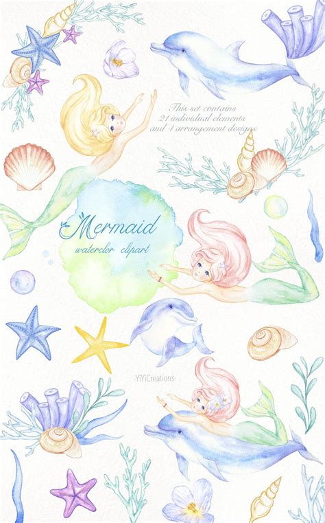 Dreamy Ocean Clipart Pastel Mermaid Watercolor Sea Creatures Download