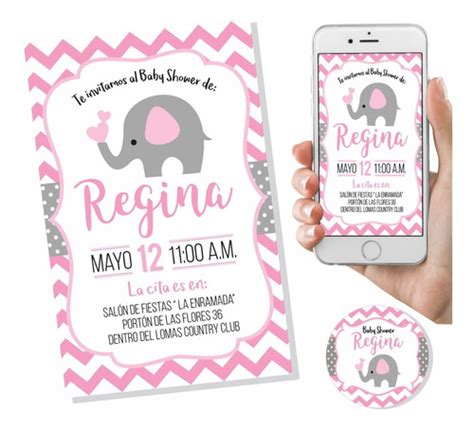 Invitación Baby Shower Elefante Niña Digital Imprimible Mercadolibre